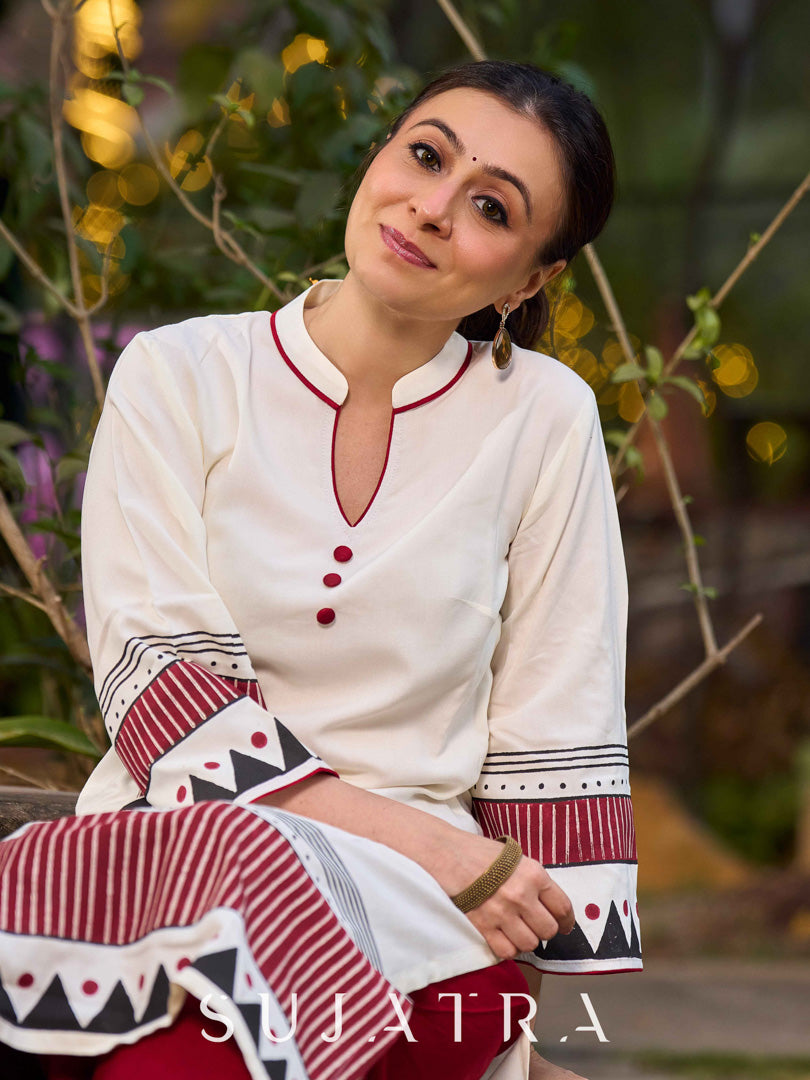 Artisan Off White Rayon Kurta with Hand Block Printed Geometric Patterns