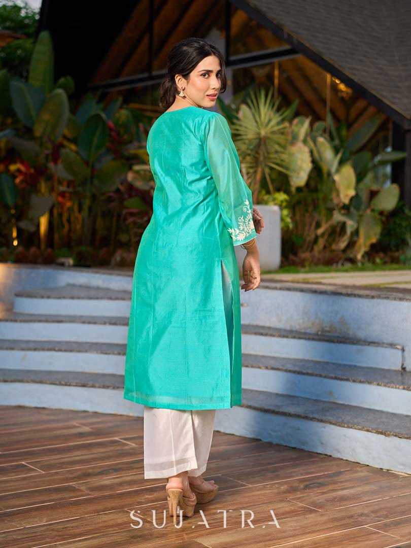 Exquisite Aqua Blue Chanderi Kurta with Intricate Kashida Embroidery