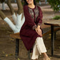 Brown flowy Rayon Pleated Kurta with Contrast Ajrakh Yoke