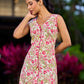 Soft Ivory Floral Cotton Dress With Magenta Panel And Front Button Placket