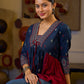 Indie Boho Printed Top with Blue & Maroon Gathered Detailing