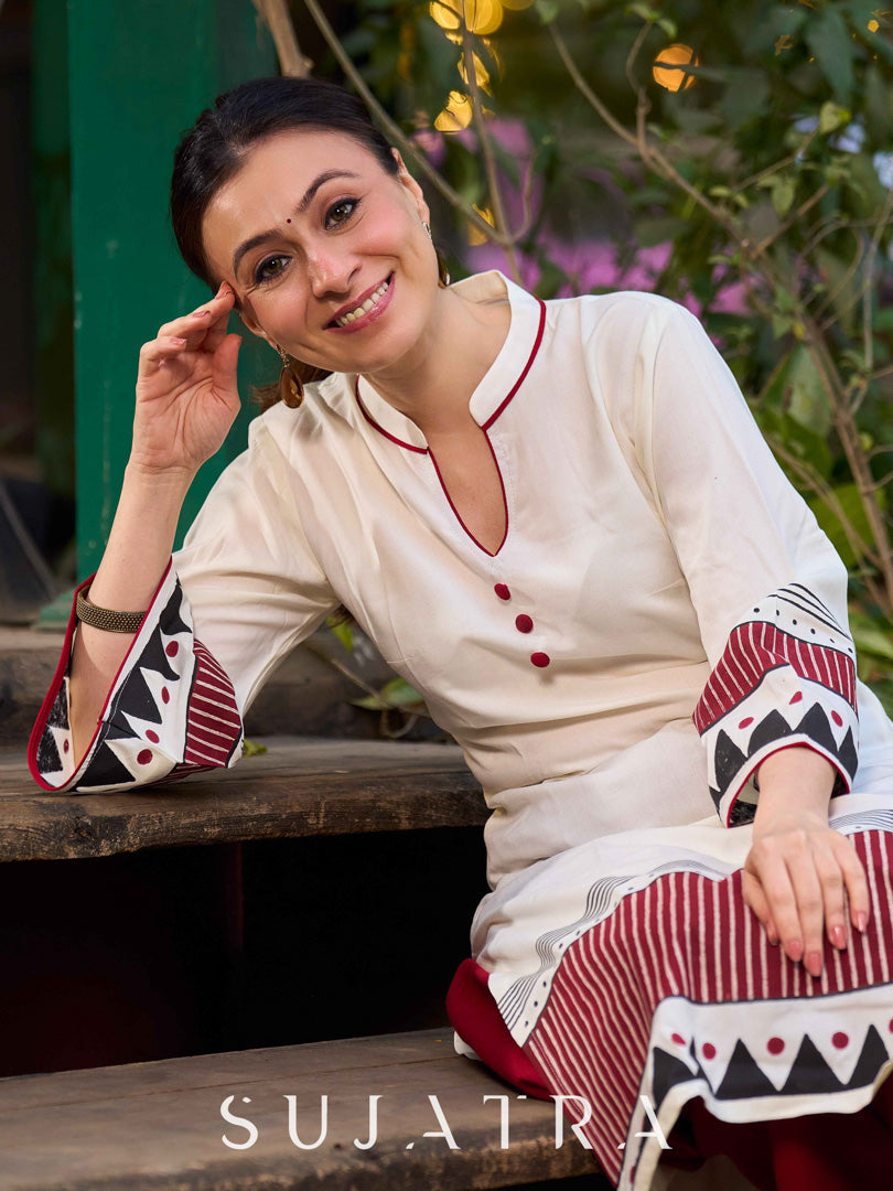 Artisan Off White Rayon Kurta with Hand Block Printed Geometric Patterns