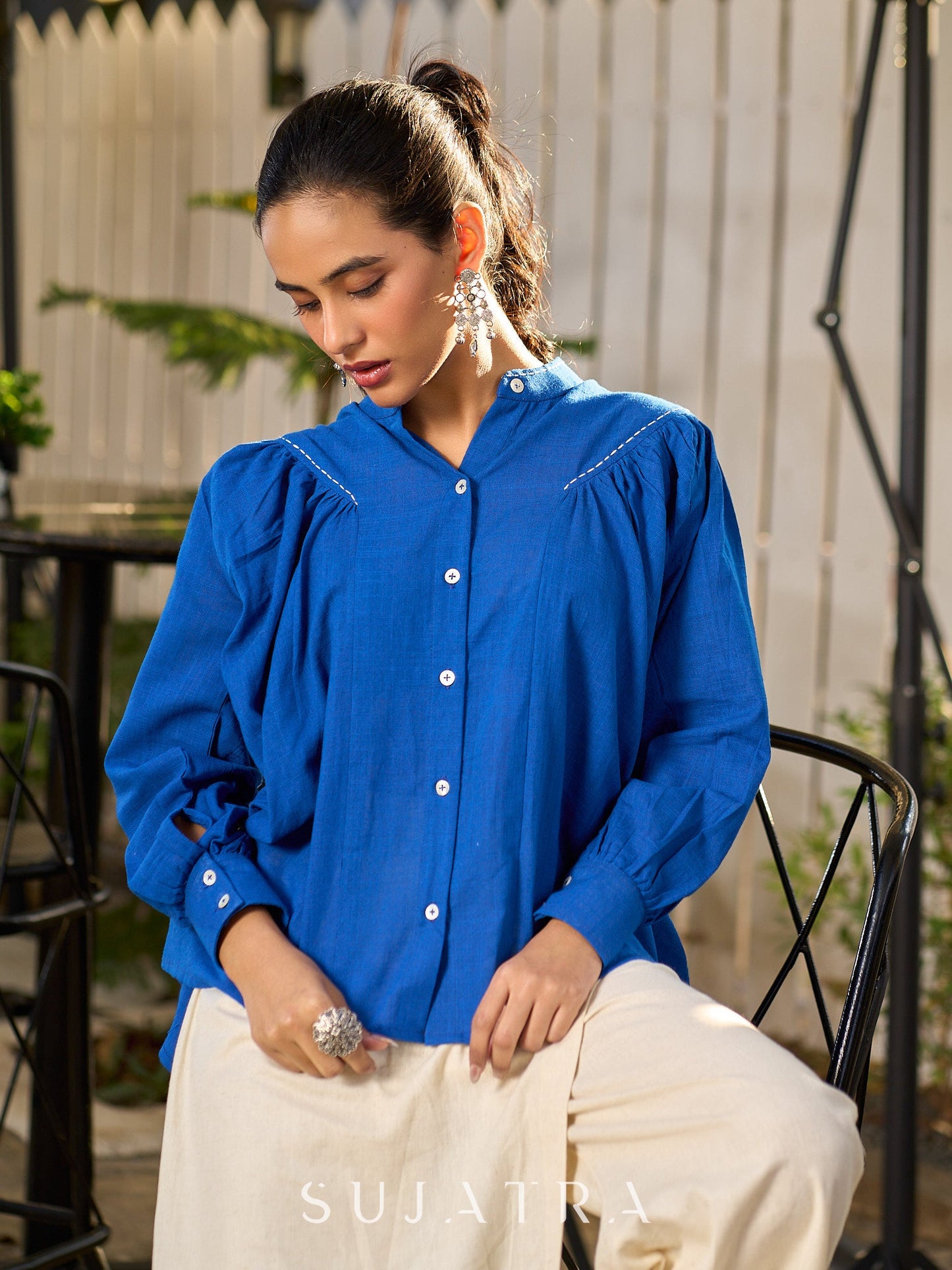 Elegant Blue Cotton Statement Shirt with Minimal Kantha Embroidery