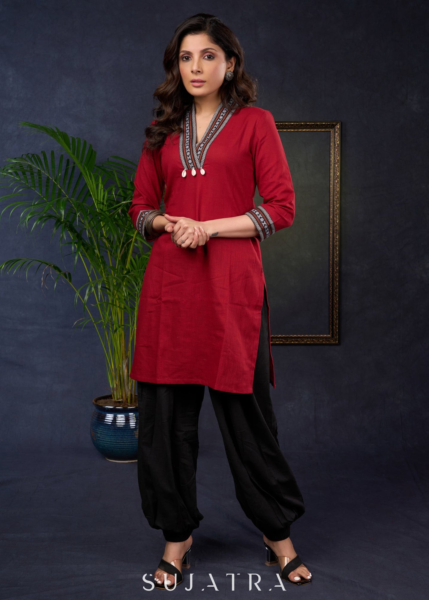 Maroon Cotton Tunic With Ikat Patterns And A Stylish Collars - Pant Optional
