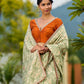 Enchanting Sage Green Saree with All-Over Foil Floral Print & Golden-Orange Trim Detail with Hand Embroidered Pallu