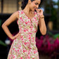 Soft Ivory Floral Cotton Dress With Magenta Panel And Front Button Placket