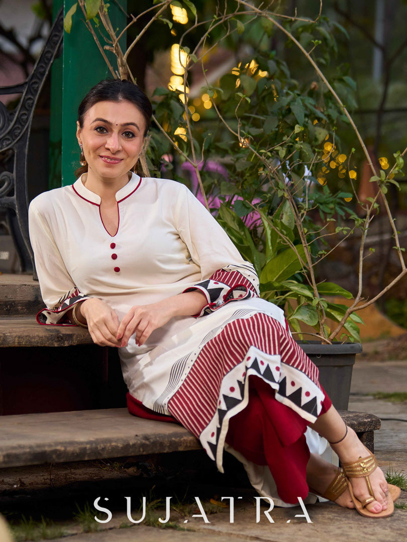 Artisan Off White Rayon Kurta with Hand Block Printed Geometric Patterns