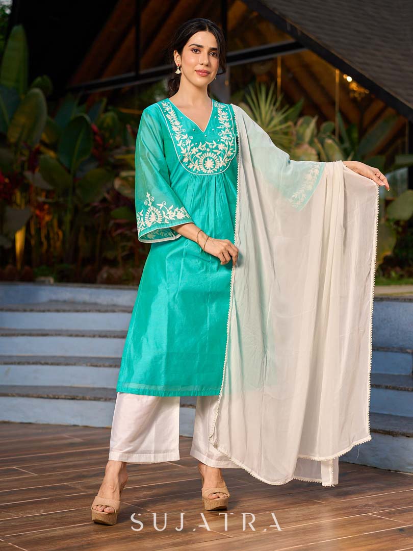 Exquisite Aqua Blue Chanderi Kurta with Intricate Kashida Embroidery