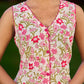 Soft Ivory Floral Cotton Dress With Magenta Panel And Front Button Placket