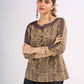 Beige Cotton Ajrakh Top with Contrast Black Stripe Detail on Sleeves and Neckline