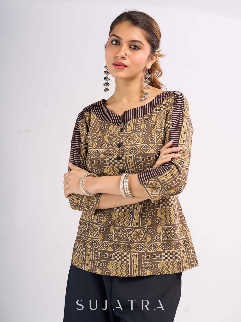 Beige Cotton Ajrakh Top with Contrast Black Stripe Detail on Sleeves and Neckline