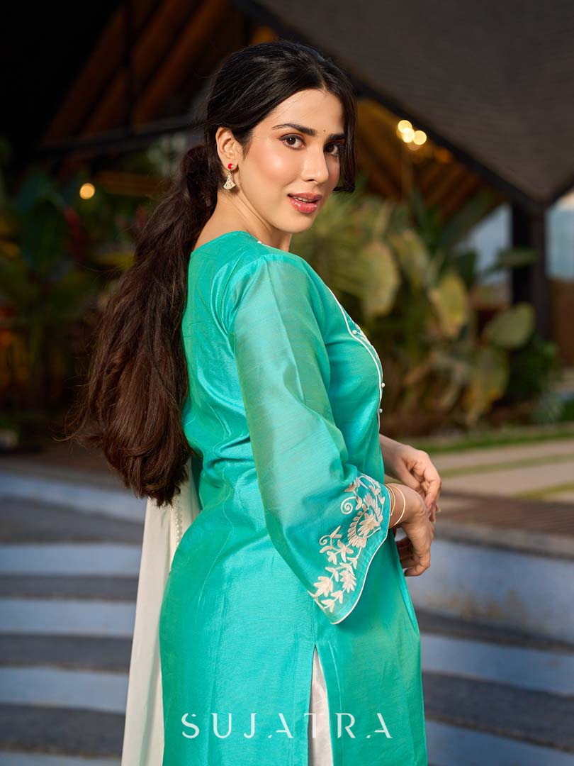 Exquisite Aqua Blue Chanderi Kurta with Intricate Kashida Embroidery