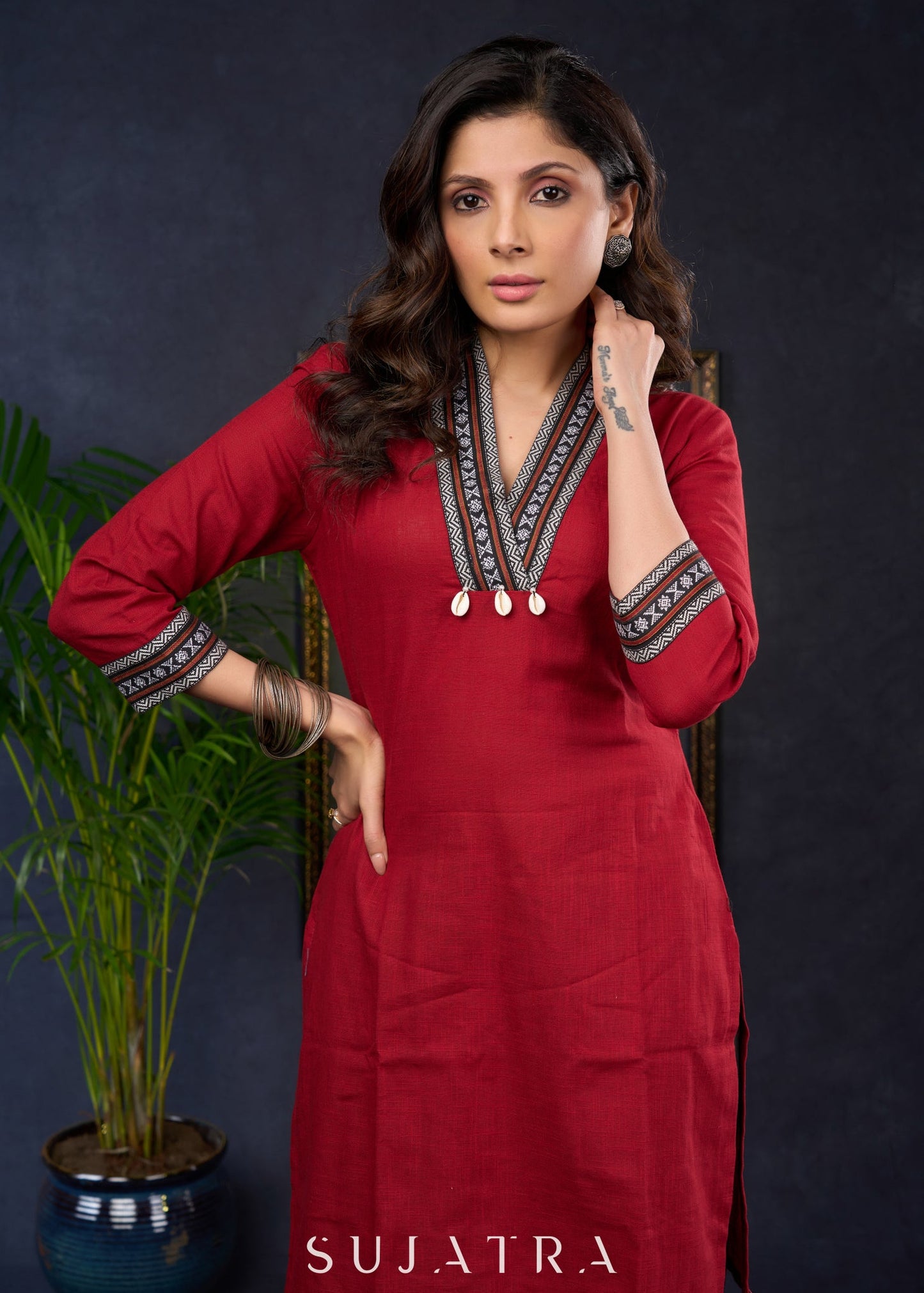 Maroon Cotton Tunic With Ikat Patterns And A Stylish Collars - Pant Optional