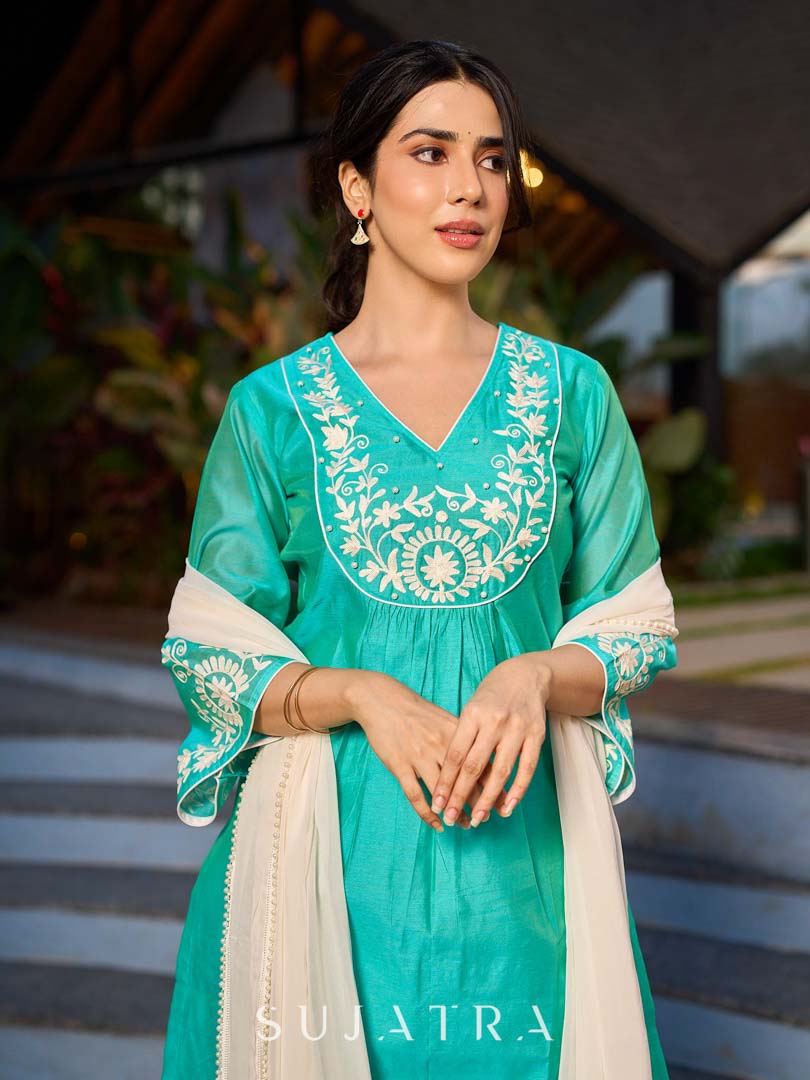 Exquisite Aqua Blue Chanderi Kurta with Intricate Kashida Embroidery