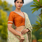 Enchanting Sage Green Saree with All-Over Foil Floral Print & Golden-Orange Trim Detail with Hand Embroidered Pallu