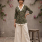 Earthy deep olive Jaipur floral top featuring box-pleated sleeves and delicate Hakoba accents for timeless elegance.