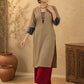 Chic Beige Cotton Kurta with Ajrakh Printed V-Placket & Contrast Navy Cuff Panels