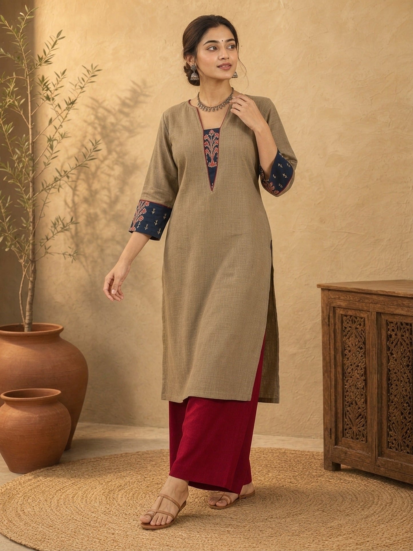 Chic Beige Cotton Kurta with Ajrakh Printed V-Placket & Contrast Navy Cuff Panels