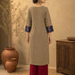 Chic Beige Cotton Kurta with Ajrakh Printed V-Placket & Contrast Navy Cuff Panels