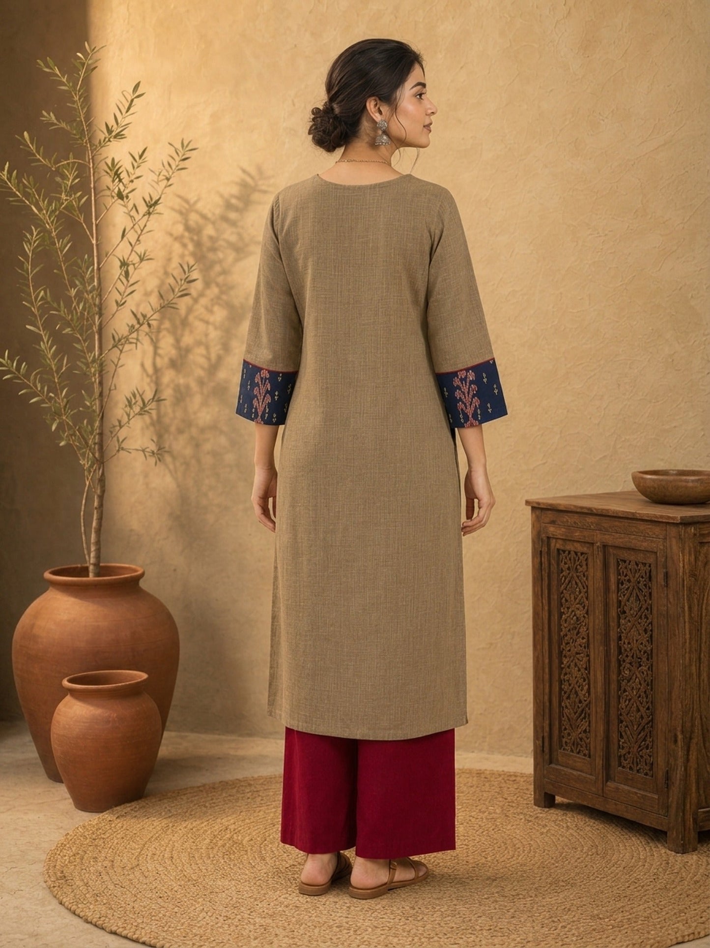 Chic Beige Cotton Kurta with Ajrakh Printed V-Placket & Contrast Navy Cuff Panels