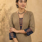 Chic Beige Cotton Kurta with Ajrakh Printed V-Placket & Contrast Navy Cuff Panels