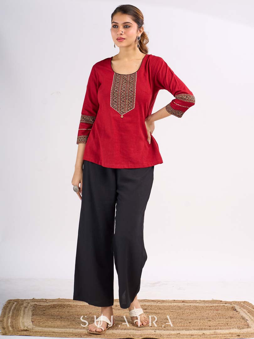 Maroon Cotton Top with Ajrakh Printed Panel & Bow Back Design