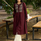 Brown flowy Rayon Pleated Kurta with Contrast Ajrakh Yoke