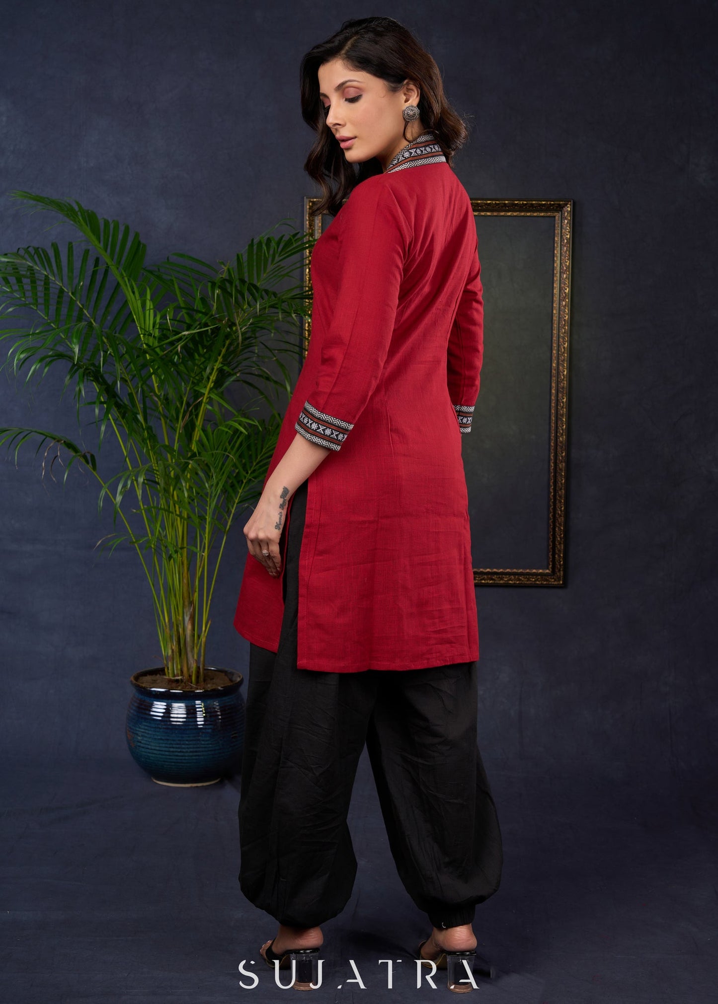 Maroon Cotton Tunic With Ikat Patterns And A Stylish Collars - Pant Optional