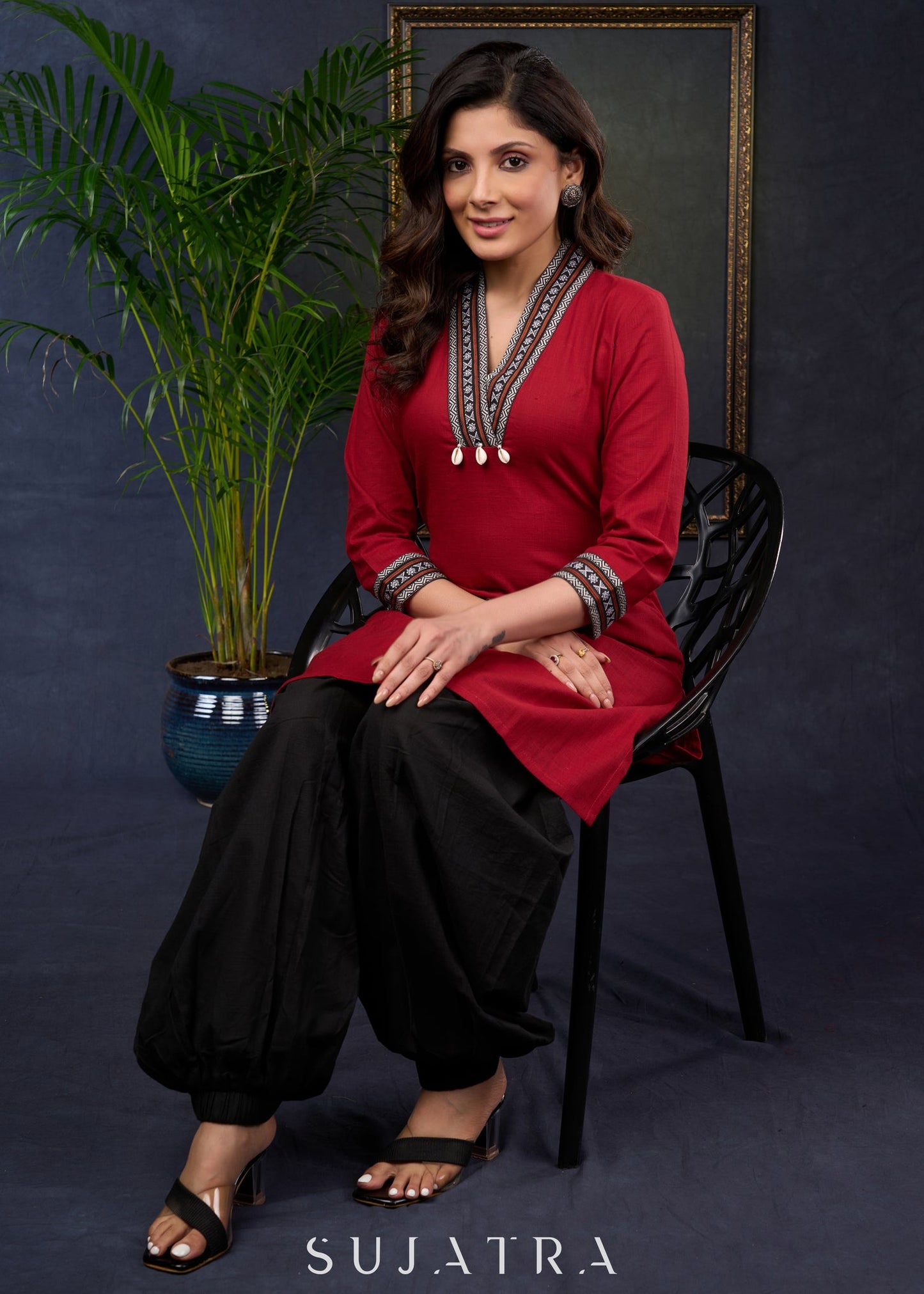 Maroon Cotton Tunic With Ikat Patterns And A Stylish Collars - Pant Optional