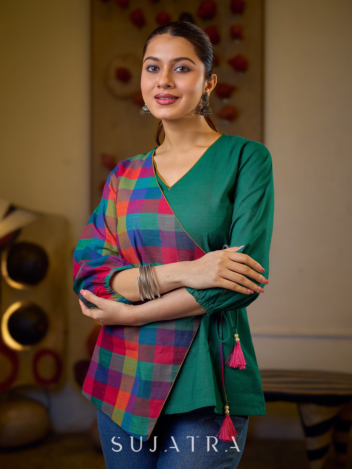 Vibrant Checkered Handloom Cotton Wrap Style Top with Plain Green Combination