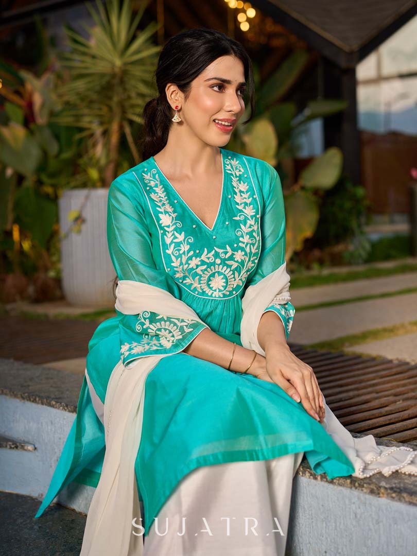 Exquisite Aqua Blue Chanderi Kurta with Intricate Kashida Embroidery