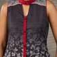 Black and maroon ombré Kalamkari inspired motif printed shirt dress with slit mandarin collar and maroon accents