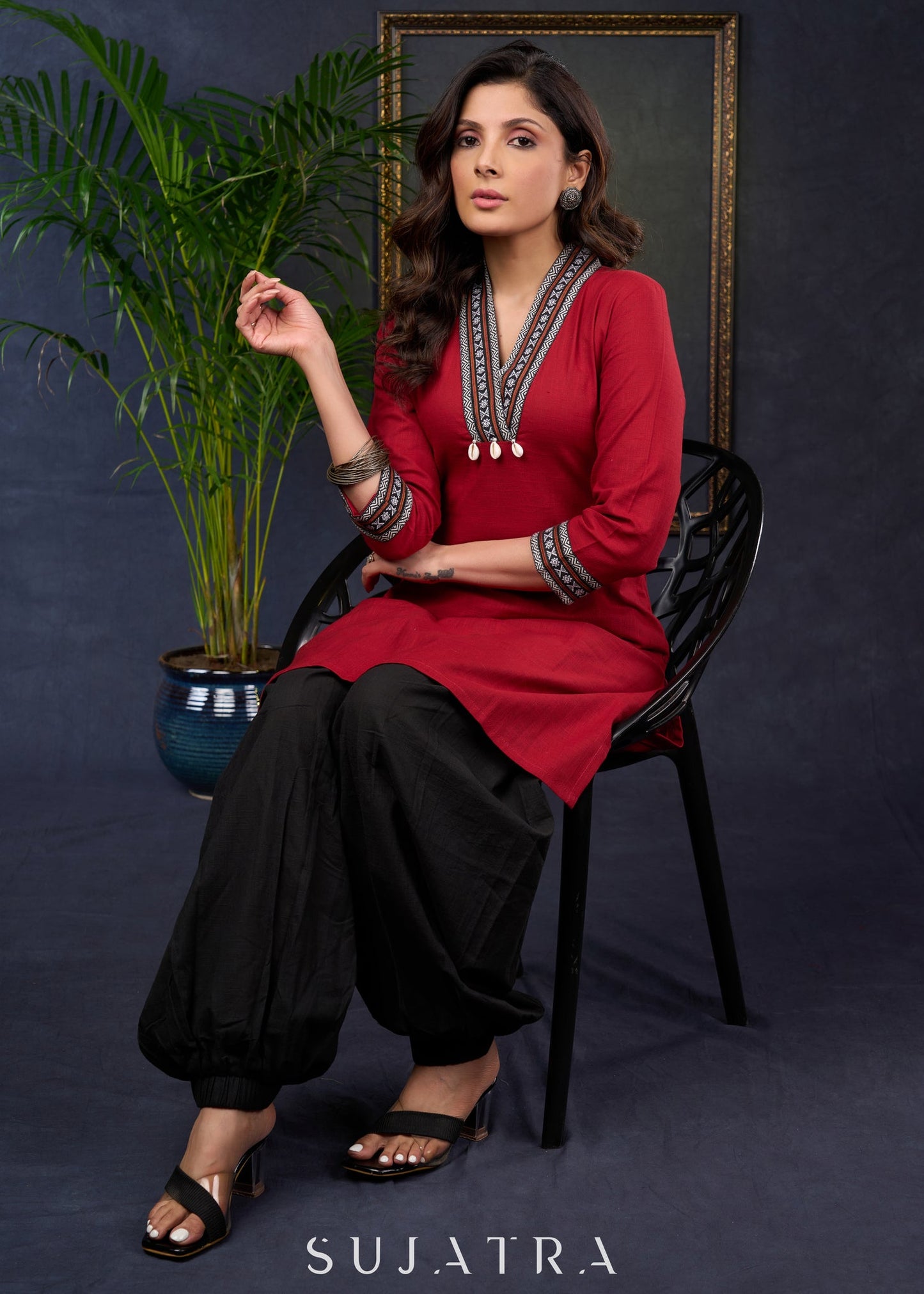 Maroon Cotton Tunic With Ikat Patterns And A Stylish Collars - Pant Optional