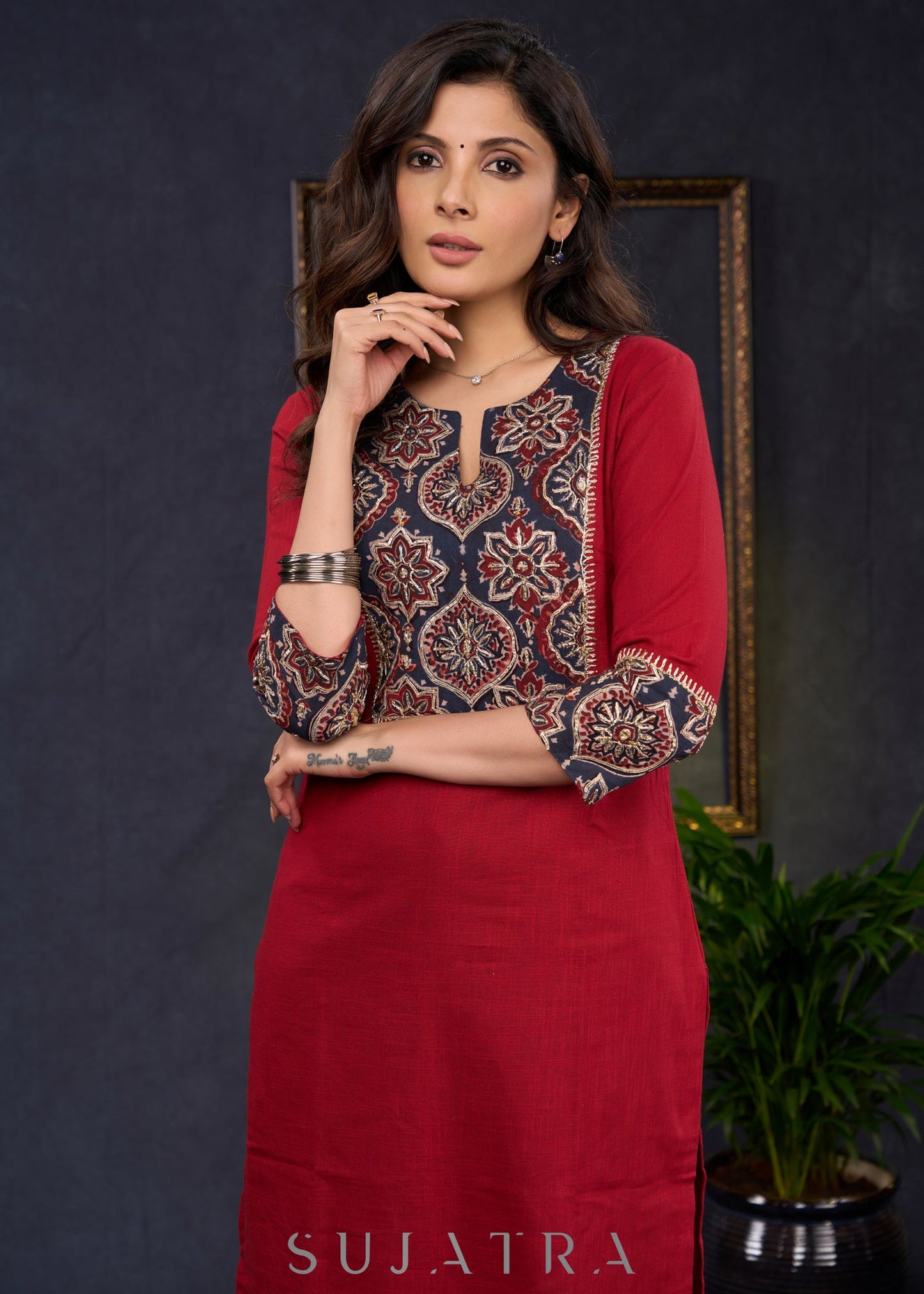 Elegant-Maroon-Cotton-Straight-Cut-Kurta-With-Ajrakh-Embroidered-Yoke--Pant-Optional