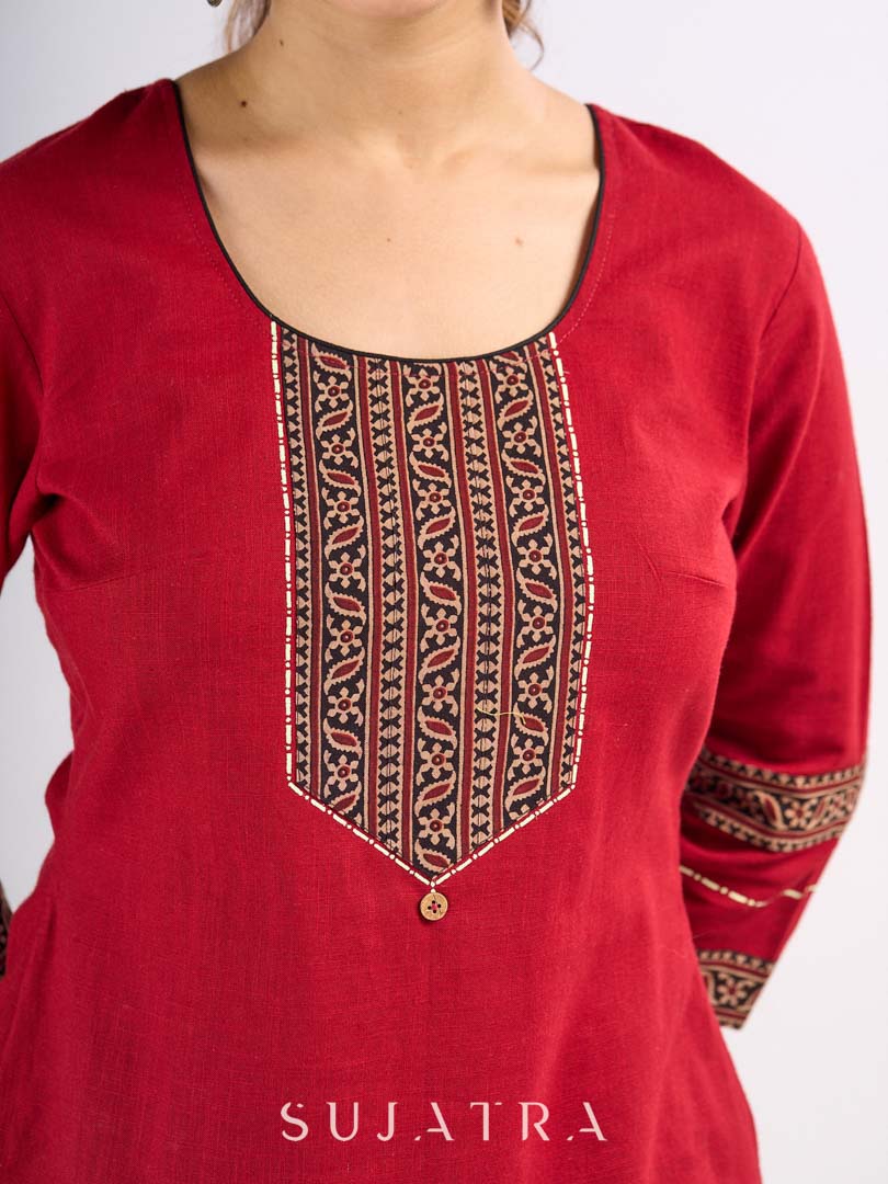 Maroon Cotton Top with Ajrakh Printed Panel & Bow Back Design