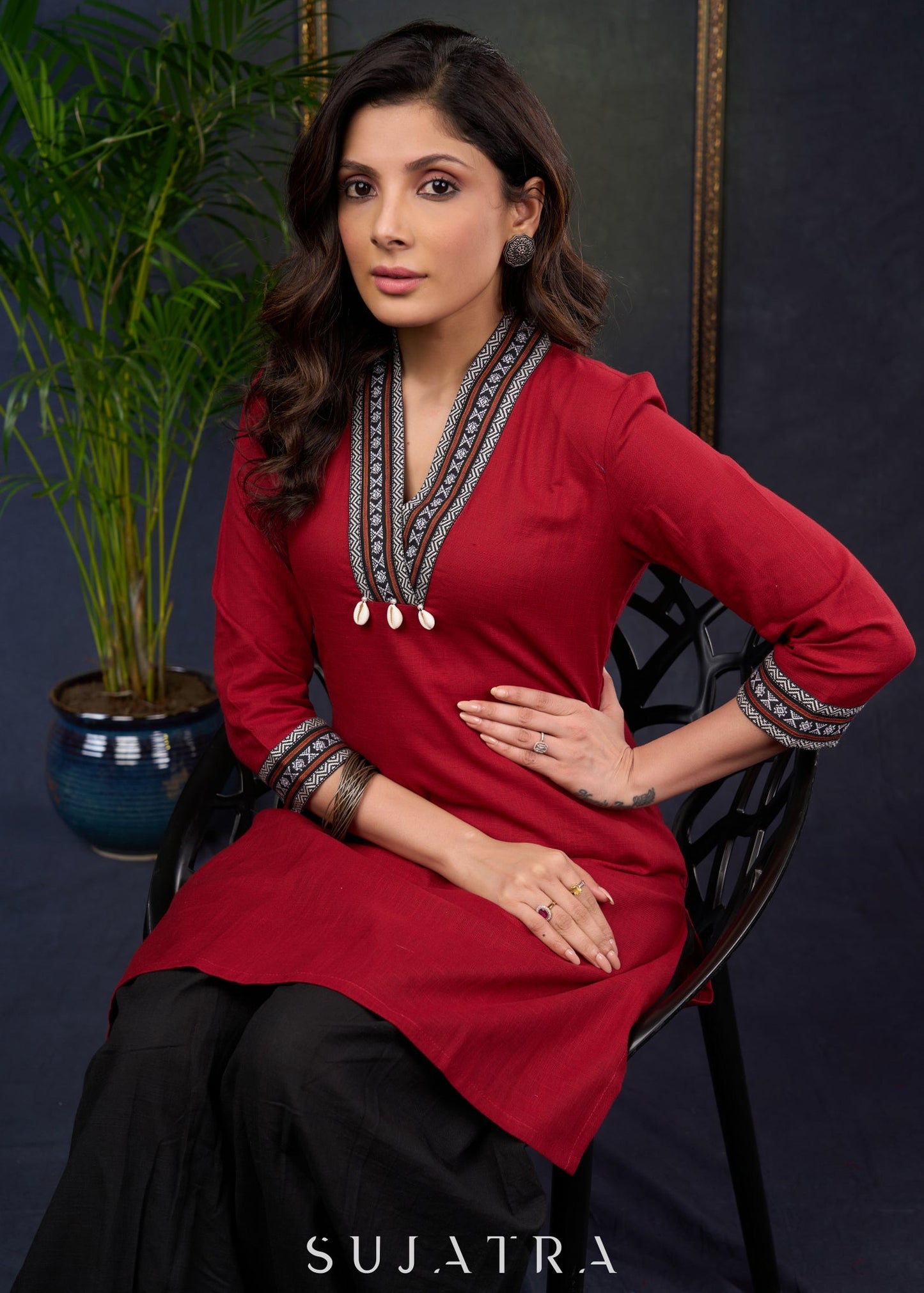 Maroon Cotton Tunic With Ikat Patterns And A Stylish Collars - Pant Optional