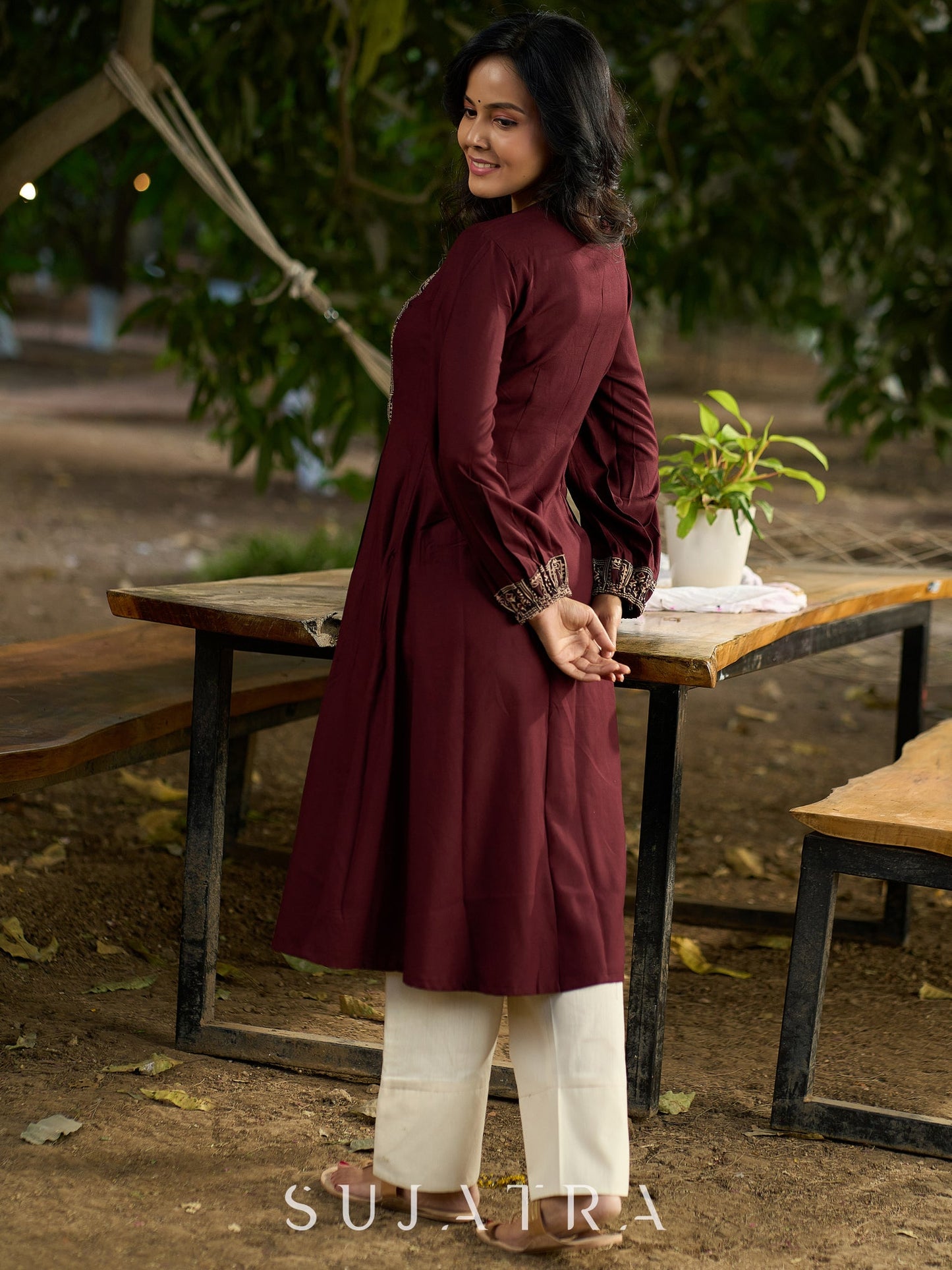 Brown flowy Rayon Pleated Kurta with Contrast Ajrakh Yoke