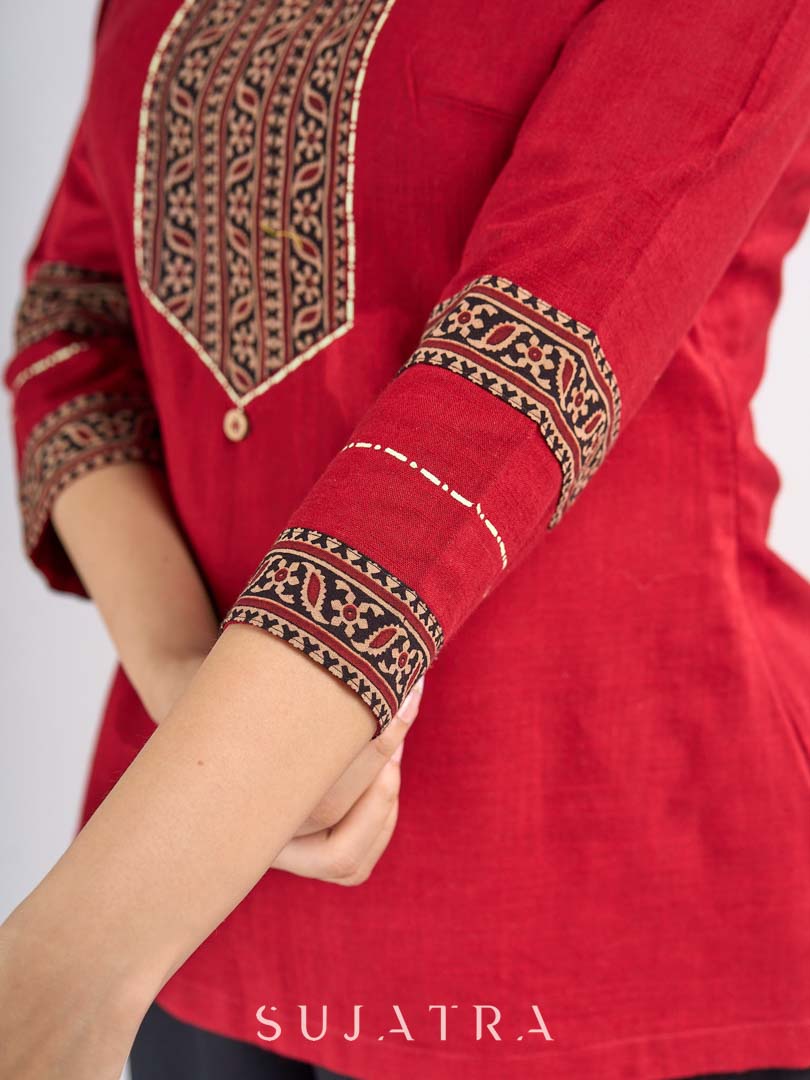 Maroon Cotton Top with Ajrakh Printed Panel & Bow Back Design