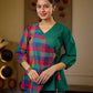 Vibrant Checkered Handloom Cotton Wrap Style Top with Plain Green Combination