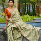 Enchanting Sage Green Saree with All-Over Foil Floral Print & Golden-Orange Trim Detail with Hand Embroidered Pallu