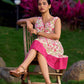 Soft Ivory Floral Cotton Dress With Magenta Panel And Front Button Placket