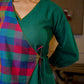 Vibrant Checkered Handloom Cotton Wrap Style Top with Plain Green Combination