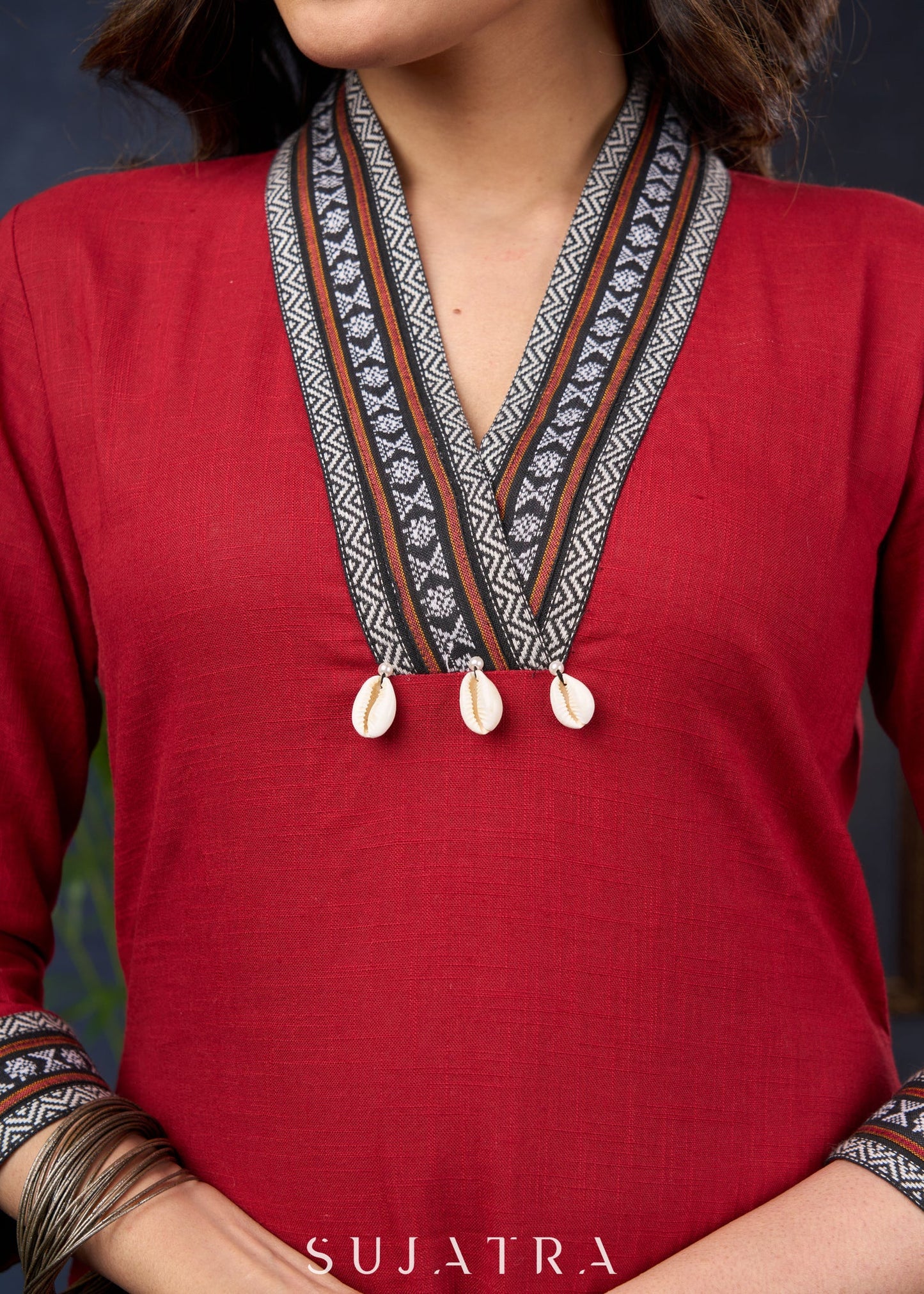 Maroon Cotton Tunic With Ikat Patterns And A Stylish Collars - Pant Optional