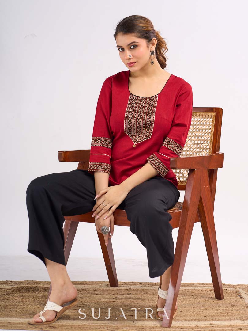 Maroon Cotton Top with Ajrakh Printed Panel & Bow Back Design