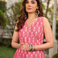 Graceful pink Ikat long dress accented in white, designed with gathered detailing at the fall and a clean sleeveless finish