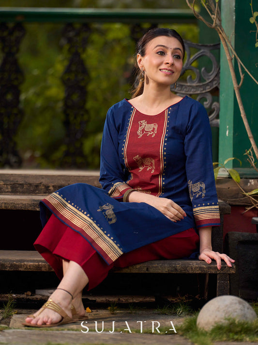 Classic Navy Blue Cotton Hand Block Printed Kurta With Exquisite Golden Pichwai Cow Print