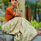 Enchanting Sage Green Saree with All-Over Foil Floral Print & Golden-Orange Trim Detail with Hand Embroidered Pallu
