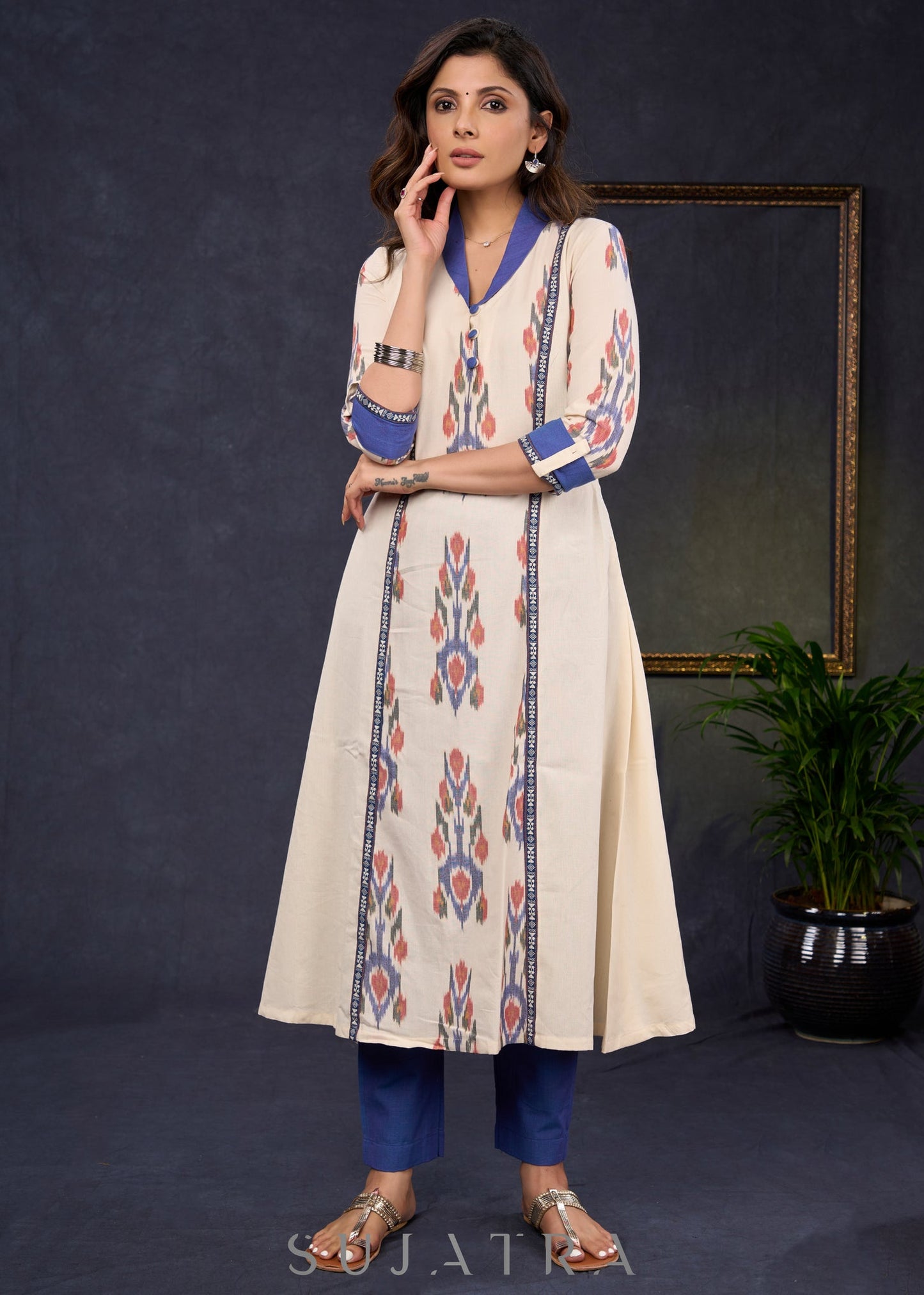 Trendy-Off-White-Cotton-Ikat-Combination-Kurta-With-Beautiful-Collar--Pant-Optional