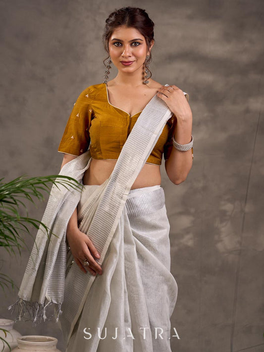 Mustard Cotton Silk Sweetheart Neck Blouse with Pearl Buti Embroidery