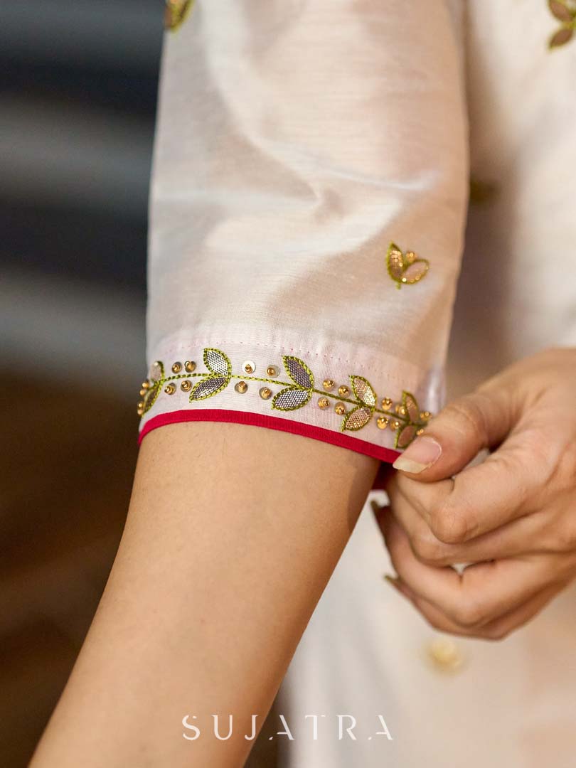 Contemporary White Chanderi Kurta with Minimal Hand Thread Embroidery & Gotapatti Work